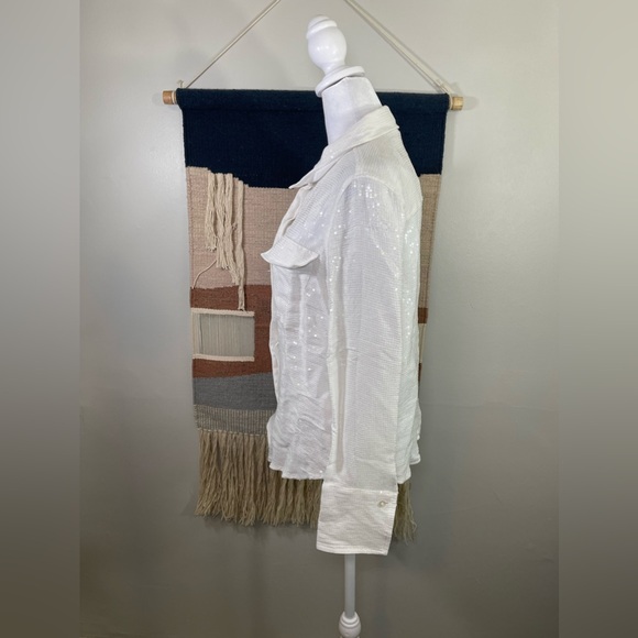 NWOT Good American Sheer Sequin White Button Down Long Sleeves 2 - Picture 4 of 7